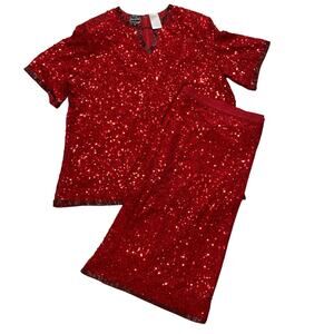 100% Pure Silk Plus Size Red Glittler Set Sequin Christmas Size 26W